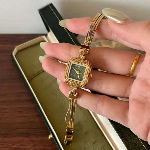 MoHer Watch Gold Small Square Green Dial Slim Chain Bracelet Watch for Women