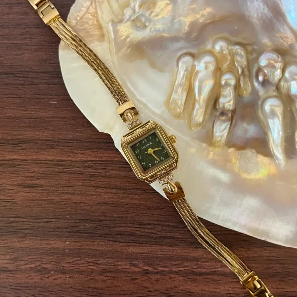 MoHer Watch Gold Small Square Green Dial Slim Chain Bracelet Watch for Women