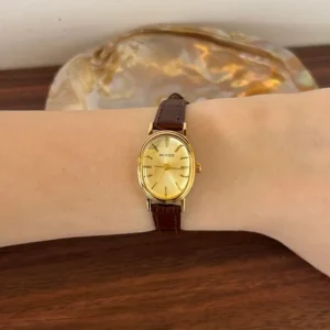 MoHer Watch Gold Oval Dial Brown Leather Strap Watch for Women