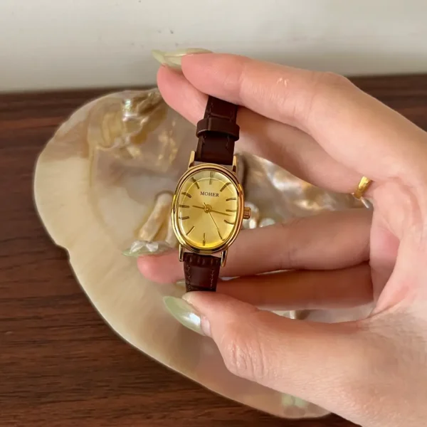 MH659-4 MoHer Watch Gold Oval Dial Brown Leather Strap Watch for Women