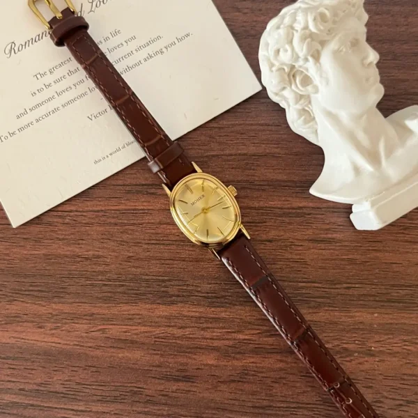 MH659-5 MoHer Watch Gold Oval Dial Brown Leather Strap Watch for Women