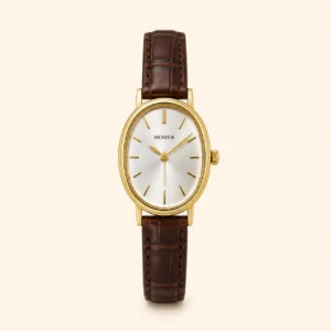 MoHer Watch Gold Oval Brown Leather Band Watch for Women