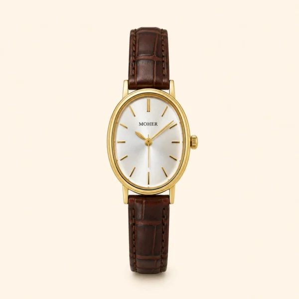 MoHer Watch Gold Oval Brown Leather Band Watch for Women