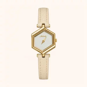 Minimalist Gold Hexagon Face Leather Strap Watch for Women