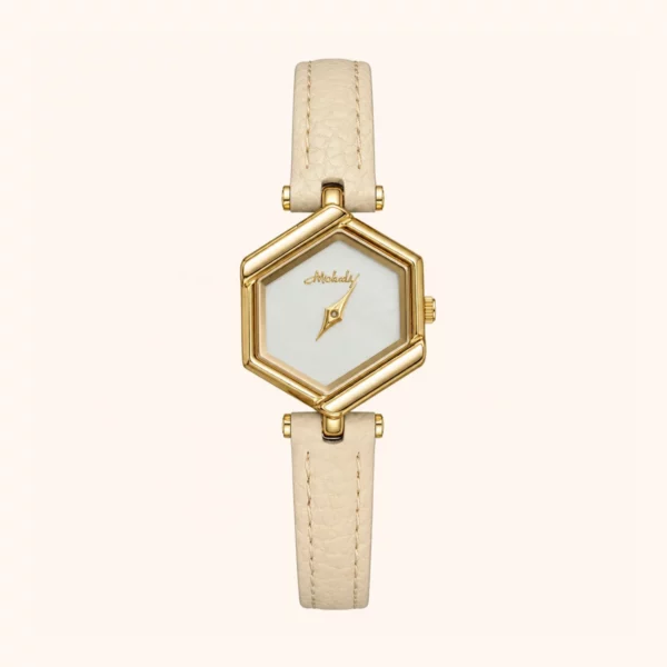 mh1 Minimalist Gold Hexagon Face Leather Strap Watch for Women