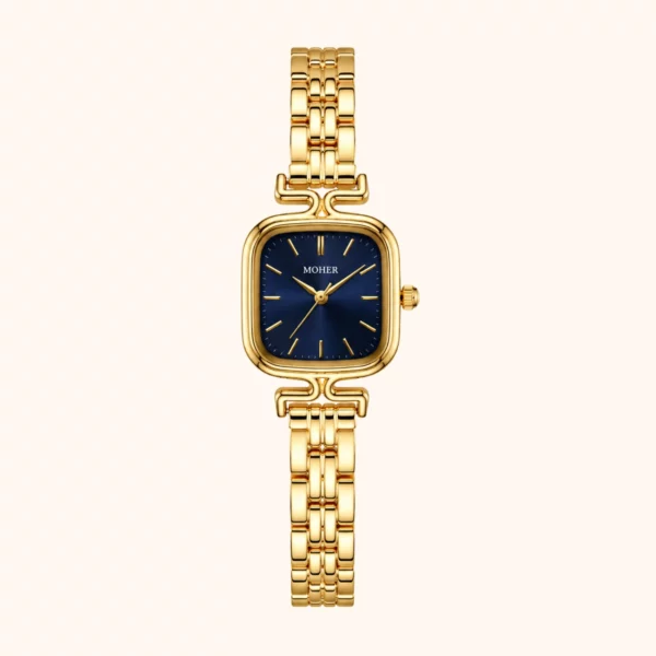 MoHer Watch Gold Square Dark Royal Blue Dial Bracelet Watch for Women