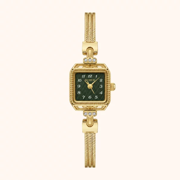MoHer Watch Gold Small Square Green Dial Slim Chain Bracelet Watch for Women
