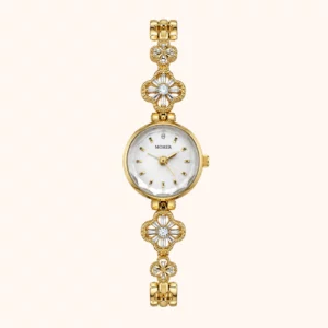 Elegant Gold Floral Crystal Bracelet White Dial Watch for Women