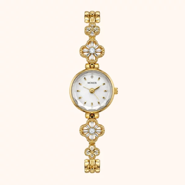 moher new-20 Elegant Gold Floral Crystal Bracelet White Dial Watch for Women