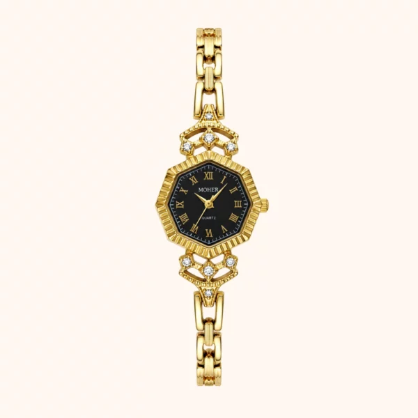 MoHer Watch Octagon Royal Blue Dial Gold Bracelet Watch for Women