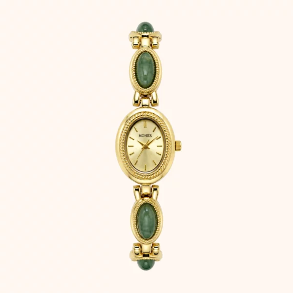 moher new-25 MoHer Watch Gold Oval Green Jade Bracelet Women's Watch