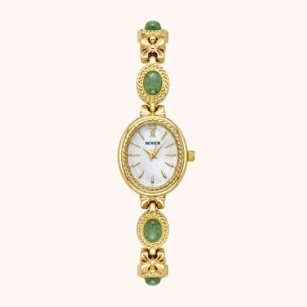 MoHer Watch Gold Small Face Green Jade Gemstone Bracelet Watch