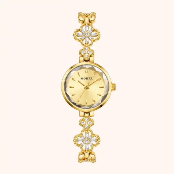 moher new-29 MoHer Watch Gold Clover Crystal Bracelet Watch for Women