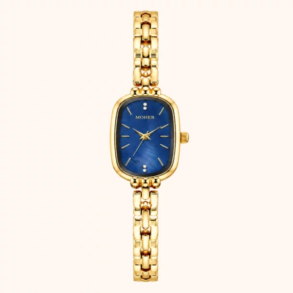 moher new-33 MoHer Watch Blue Mother of Pearl Dial Gold Oval Bracelet Watch for Women
