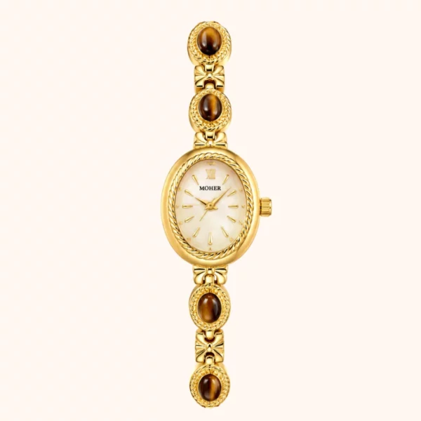 MoHer Watch Beige Mother of Pearl Tiger's Eye Gemstone Bracelet Watch