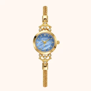 MoHer Watch Gold Small Face Blue Mother of Pearl Slim Chain Bracelet Watch for Women