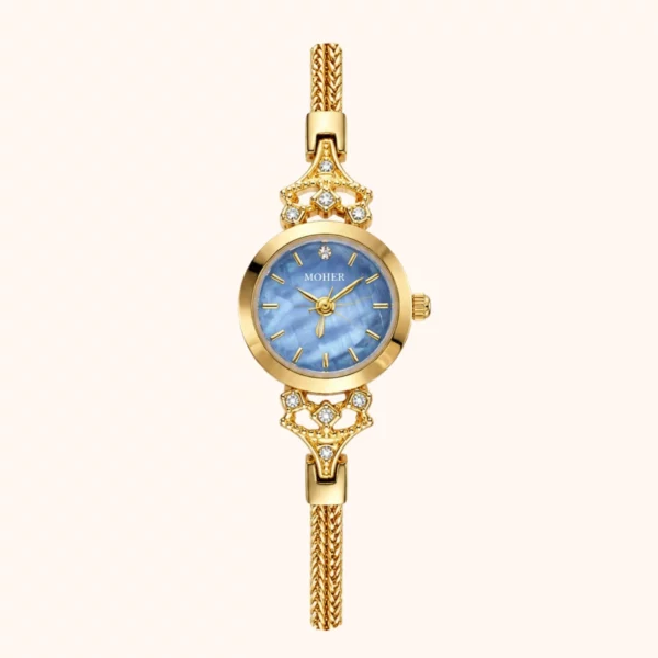 MoHer Watch Gold Small Face Blue Mother of Pearl Slim Chain Bracelet Watch for Women