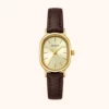moher new-39 MoHer Watch Gold Oval Dial Brown Leather Strap Watch for Women
