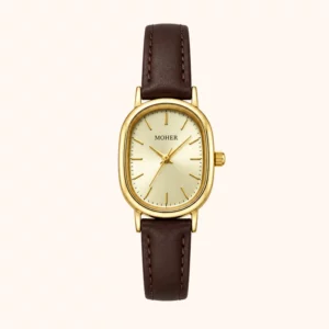 MoHer Watch Gold Oval Dial Brown Leather Strap Watch for Women