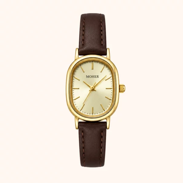 moher new-39 MoHer Watch Gold Oval Dial Brown Leather Strap Watch for Women