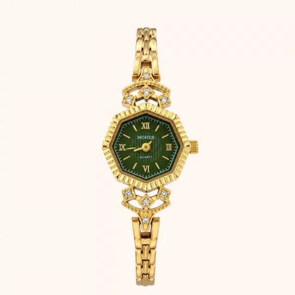 MoHer Watch Gold Octagon Emerald Green Dial Bracelet Watch for Women
