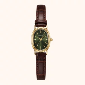 MoHer Watch Olive Green Oval Dial Brown Leather Band Watch for Women