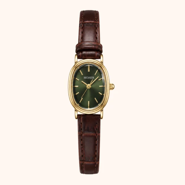 MoHer Watch Olive Green Oval Dial Brown Leather Band Watch for Women