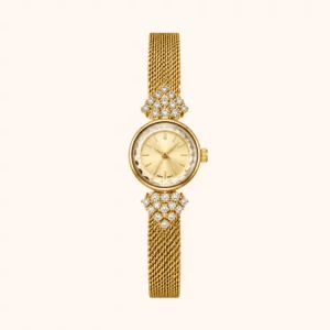 Dainty Gold Round Crystal Mesh Bracelet Watch for Women
