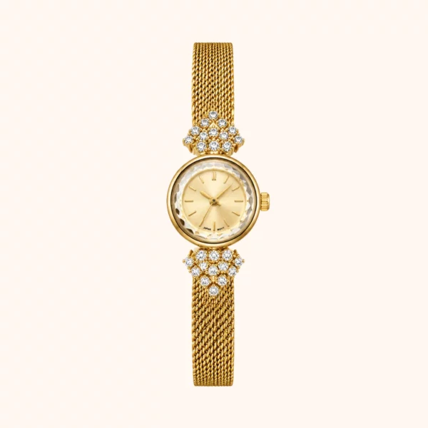 moher new-7 Dainty Gold Round Crystal Mesh Bracelet Watch for Women