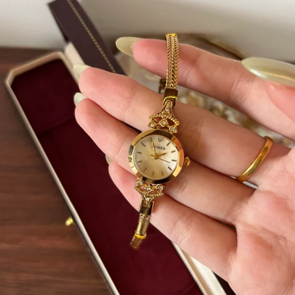 MoHer Watch Beige Small Face Gold Slim Chain Bracelet Watch for Women