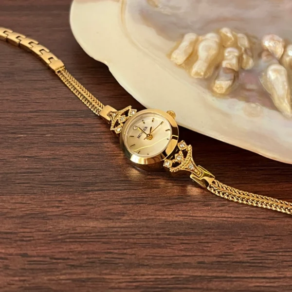 MoHer Watch Beige Small Face Gold Slim Chain Bracelet Watch for Women