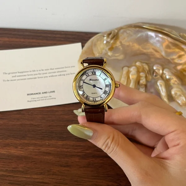 MoHer Watch Minimalist Round Face Brown Leather Strap Watch for Women