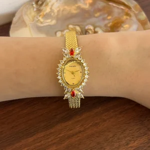 MoHer Elegant Gold Watch Marquise Rhinestone Bracelet Watch for Women