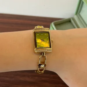MoHerWatch Elegant Gold Rectangular Green Dial Gemstone Bracelet Watch for Women