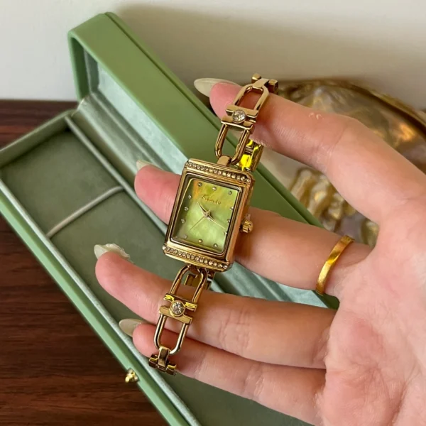 MoHerWatch Elegant Gold Rectangular Green Dial Gemstone Bracelet Watch for Women