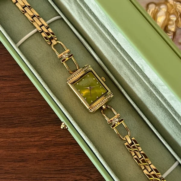 MoHerWatch Elegant Gold Rectangular Green Dial Gemstone Bracelet Watch for Women