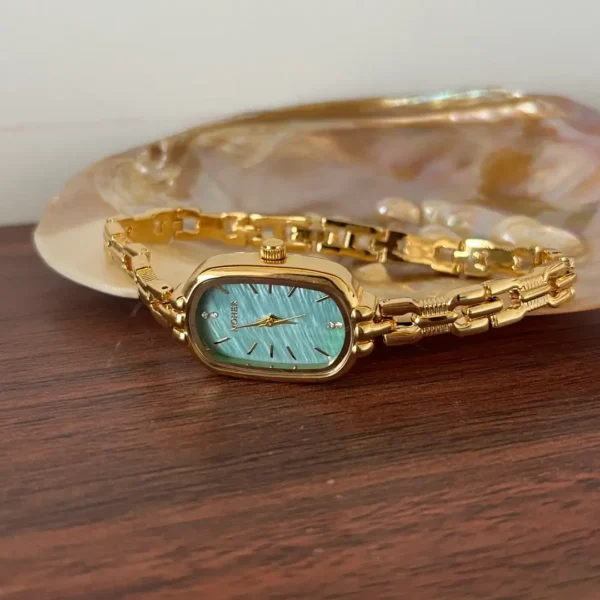 MoHer Watch Mint Mother of Pearl Dial Gold Oval Bracelet Watch for Women