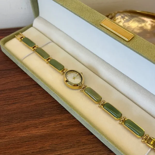 Dainty Gold Watch Oval Green Jade Bracelet Women's Watch