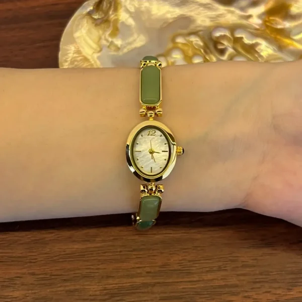 Dainty Gold Watch Oval Green Jade Bracelet Women's Watch