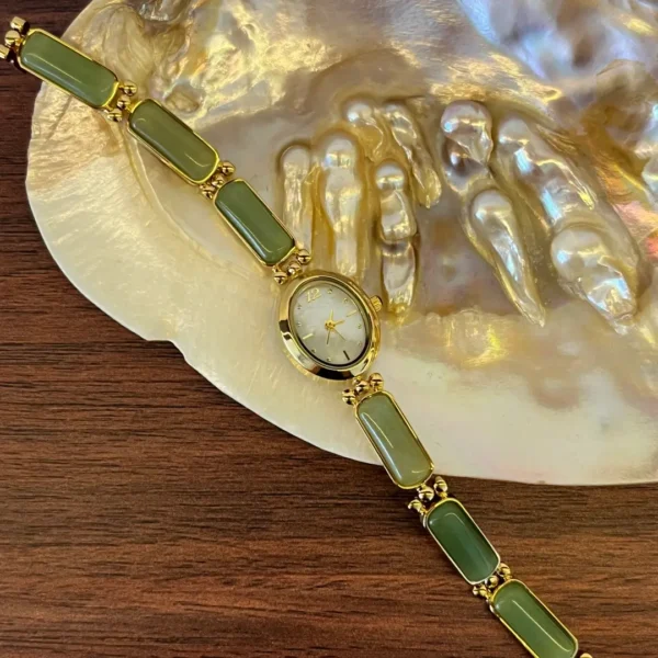 Dainty Gold Watch Oval Green Jade Bracelet Women's Watch