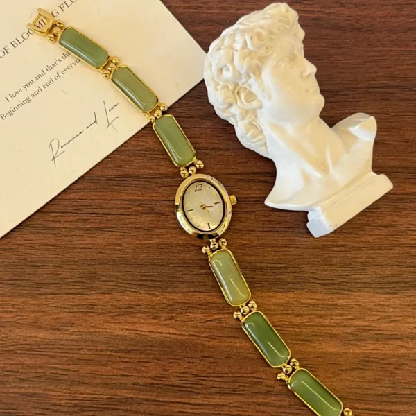 Dainty Gold Watch Oval Green Jade Bracelet Women's Watch