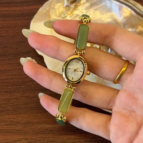 Dainty Gold Watch Oval Green Jade Bracelet Women's Watch