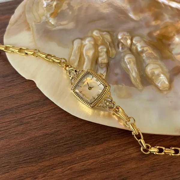 Dainty White Square Dial Gold Zircon Bracelet Watch for Women