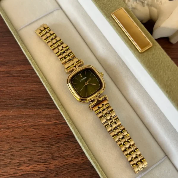 MoHer Watch Gold Square Dark Green Dial Bracelet Watch for Women