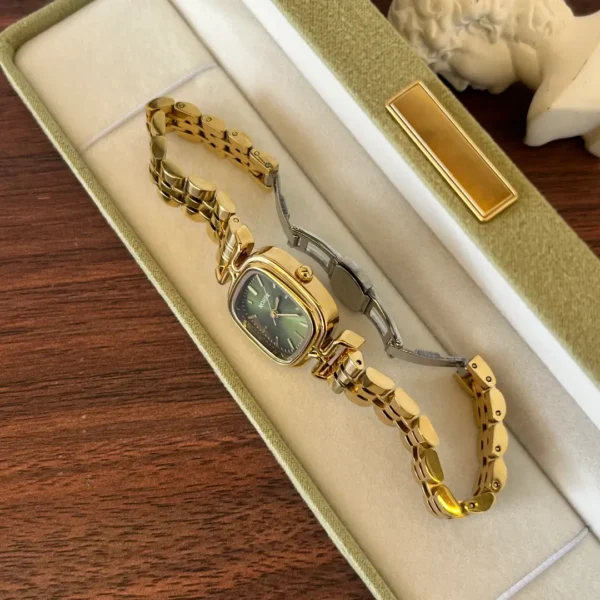 MoHer Watch Gold Square Dark Green Dial Bracelet Watch for Women
