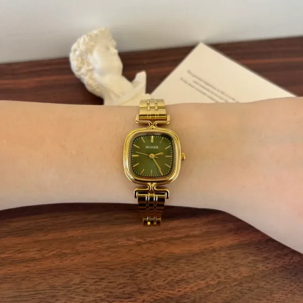 MoHer Watch Gold Square Dark Green Dial Bracelet Watch for Women