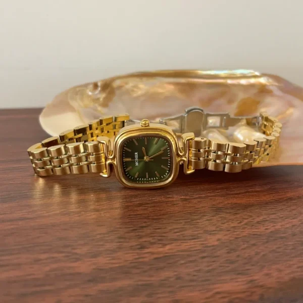 MoHer Watch Gold Square Dark Green Dial Bracelet Watch for Women