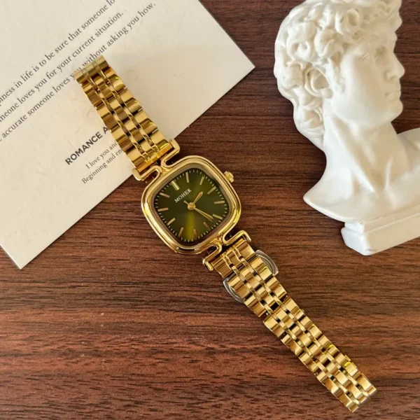 MoHer Watch Gold Square Dark Green Dial Bracelet Watch for Women