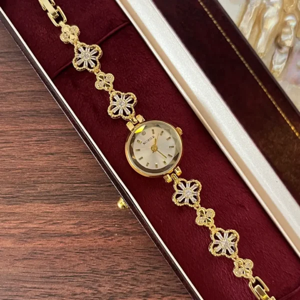 MH702-1 Elegant Gold Floral Crystal Bracelet White Dial Watch for Women