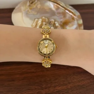 Elegant Gold Floral Crystal Bracelet White Dial Watch for Women